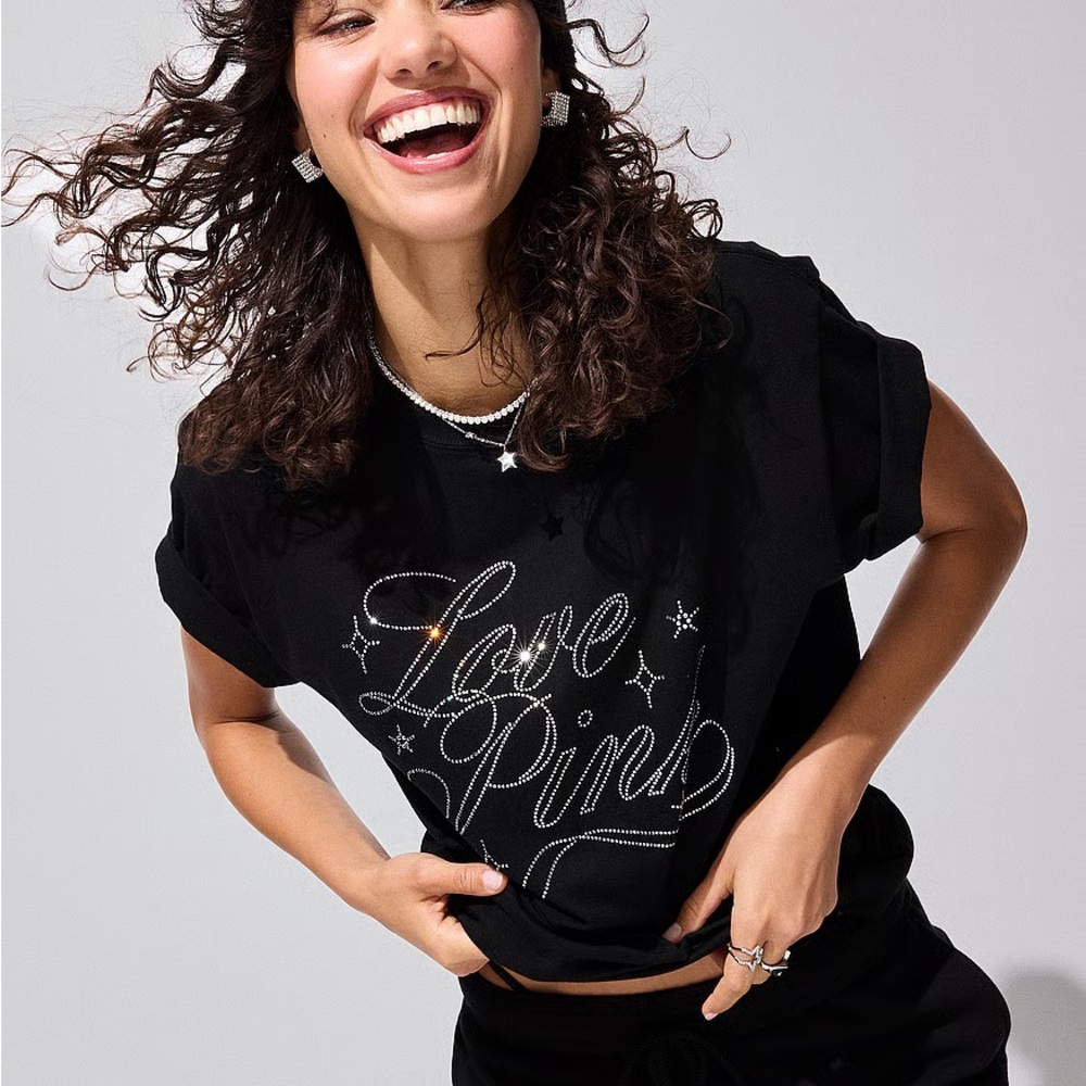 Sold Out PINK Victoria's Secret Bling Diamanté Love Pink Black T-Shirt Top XL